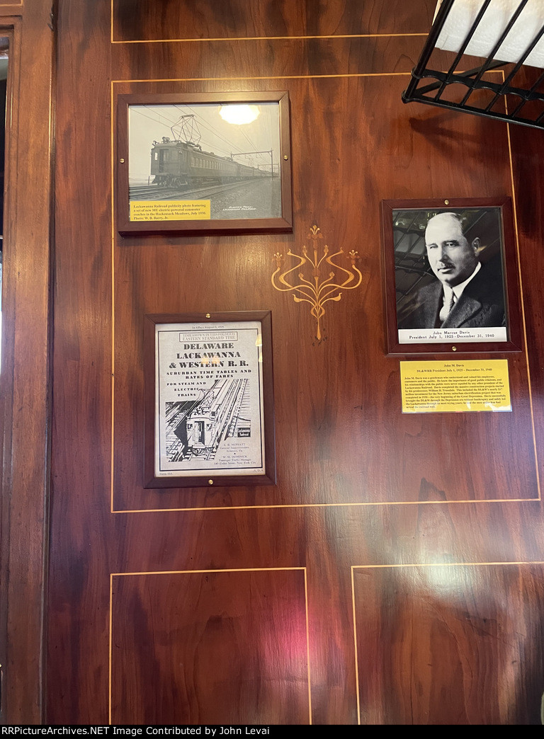 View of one of the walls inside the restored Lackawanna MU Car with historical images related to the Lackawanna RR